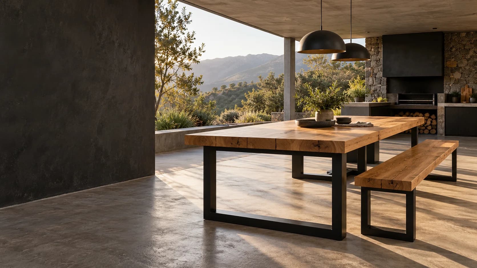 Ilustración de una mesa de madera y acero en una terraza contemporánea